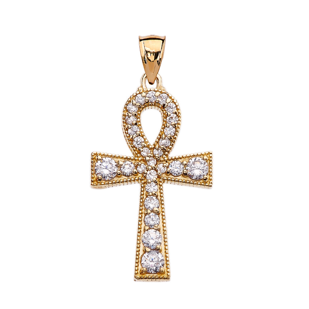 Solid Gold Ankh Cross Diamond Pendant Necklace, view 2