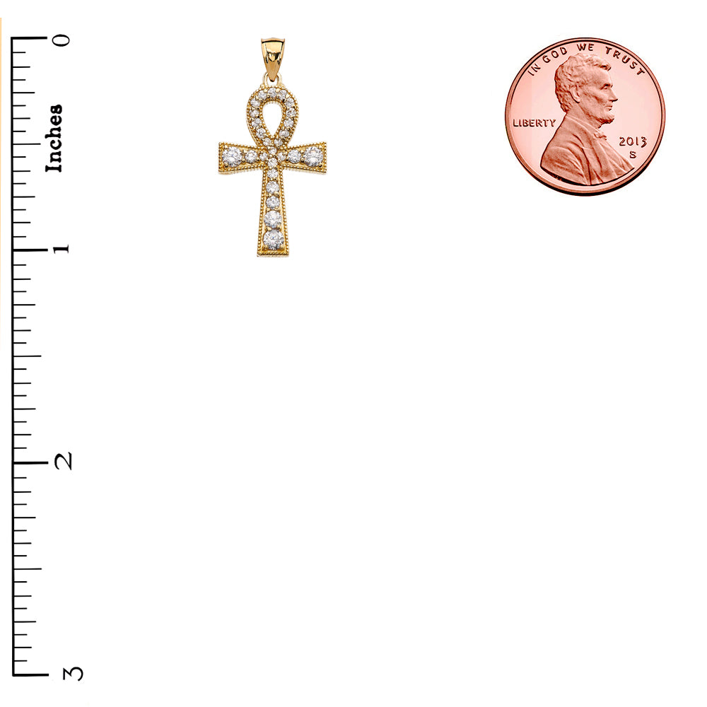 Solid Gold Ankh Cross Diamond Pendant Necklace, view 3
