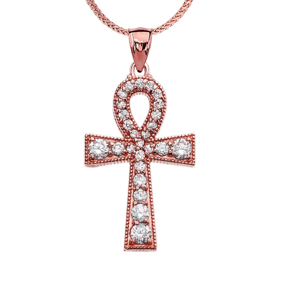 Solid Gold Ankh Cross Diamond Pendant Necklace, view 4
