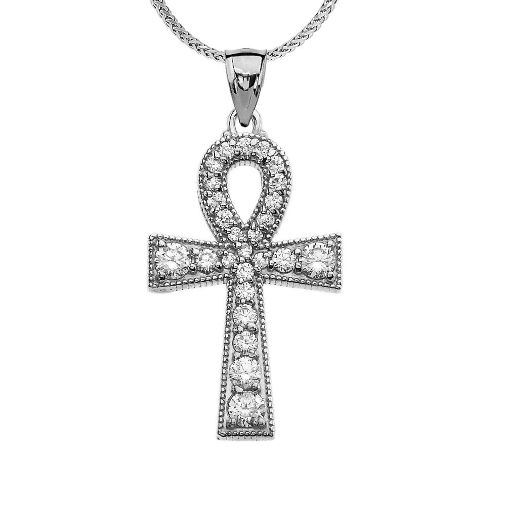 Solid Gold Ankh Cross Diamond Pendant Necklace, view 5