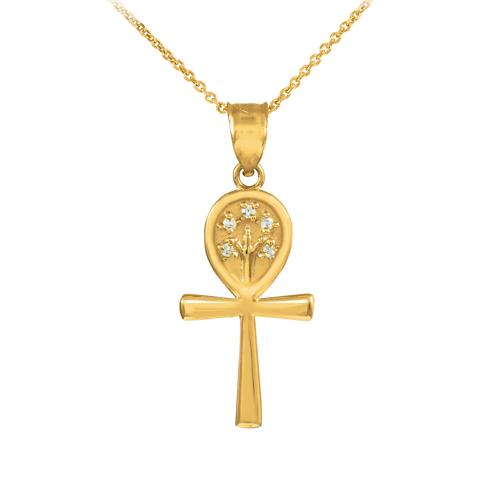 Solid Gold Ankh Cross Tree of Life CZ Pendant Necklace