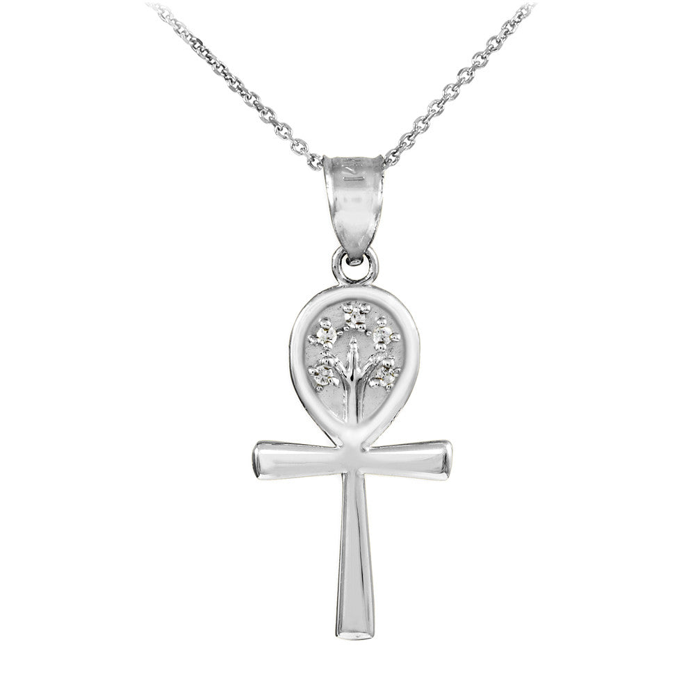 Solid Gold Ankh Cross Tree of Life CZ Pendant Necklace, view 2