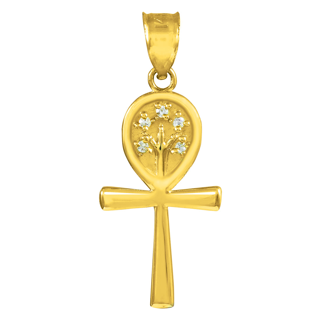 Solid Gold Ankh Cross Tree of Life CZ Pendant Necklace, view 3
