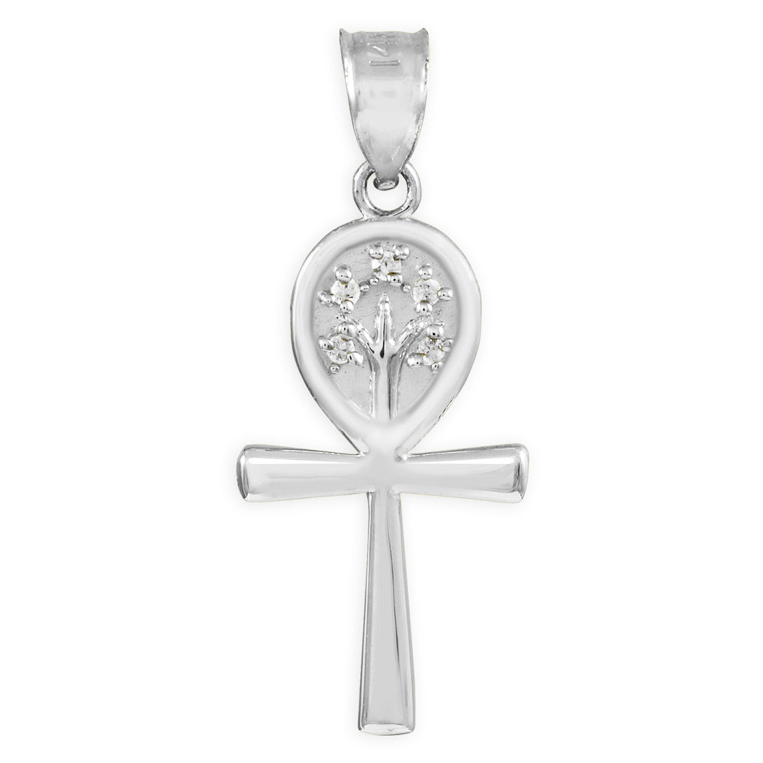 Solid Gold Ankh Cross Tree of Life CZ Pendant Necklace, view 5