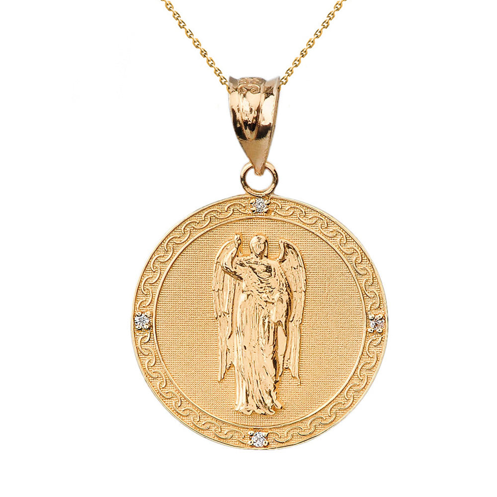Solid Gold Archangel Saint Gabriel Diamond Engravable Medallion Pendant Necklace 1.15" (29 mm)