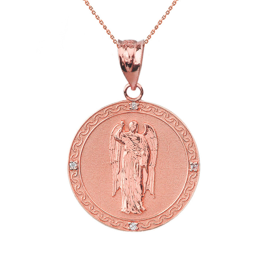 Solid Gold Archangel Saint Gabriel Diamond Engravable Medallion Pendant Necklace 1.15" (29 mm), view 3