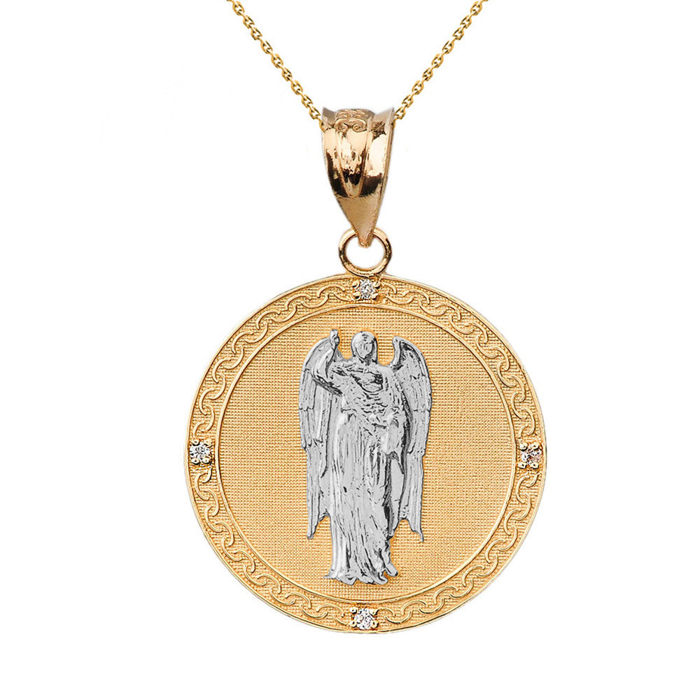 Solid Gold Archangel Saint Gabriel Diamond Engravable Medallion Pendant Necklace 1.15" (29 mm), view 7