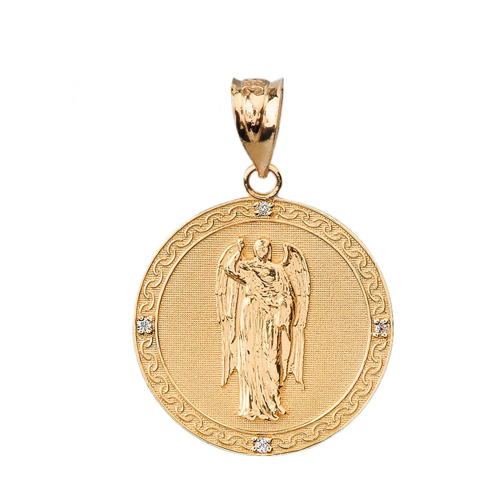 Solid Gold Archangel Saint Gabriel Diamond Engravable Medallion Pendant Necklace 1.15" (29 mm), view 11