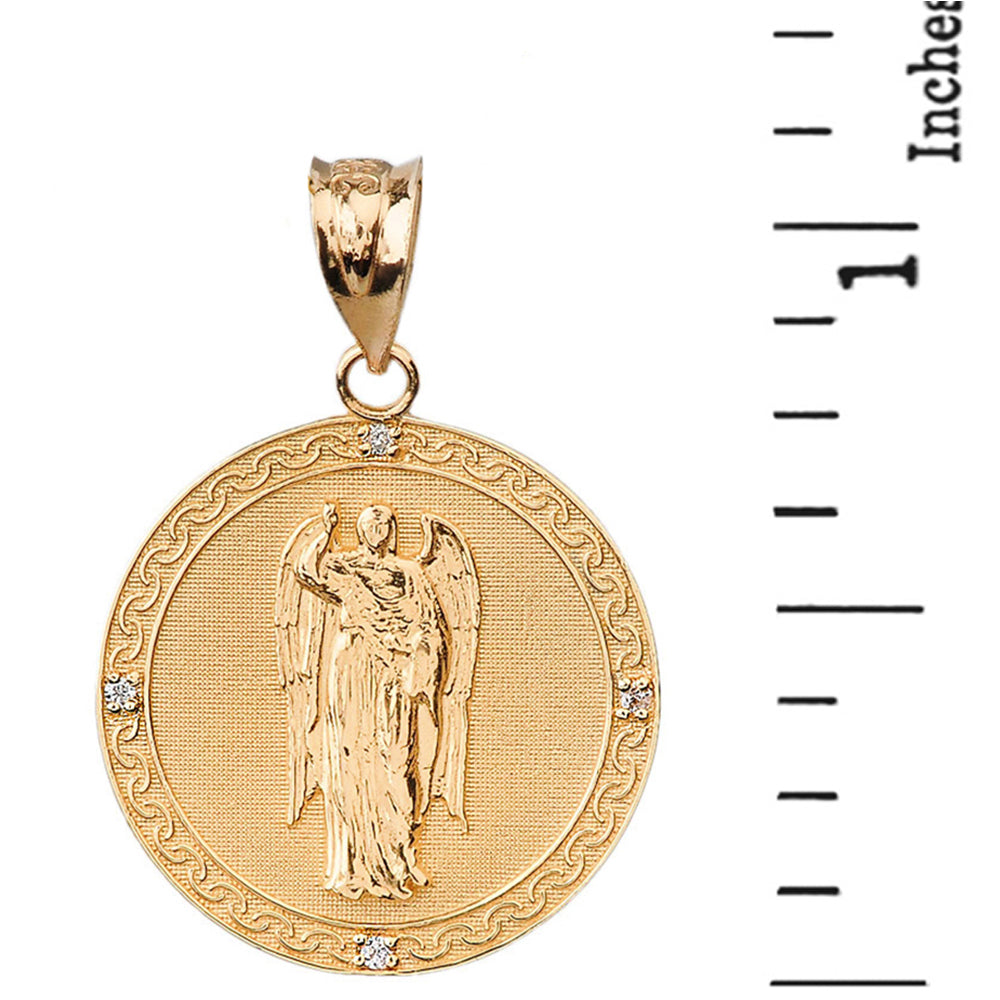Solid Gold Archangel Saint Gabriel Diamond Engravable Medallion Pendant Necklace 1.15" (29 mm), view 12