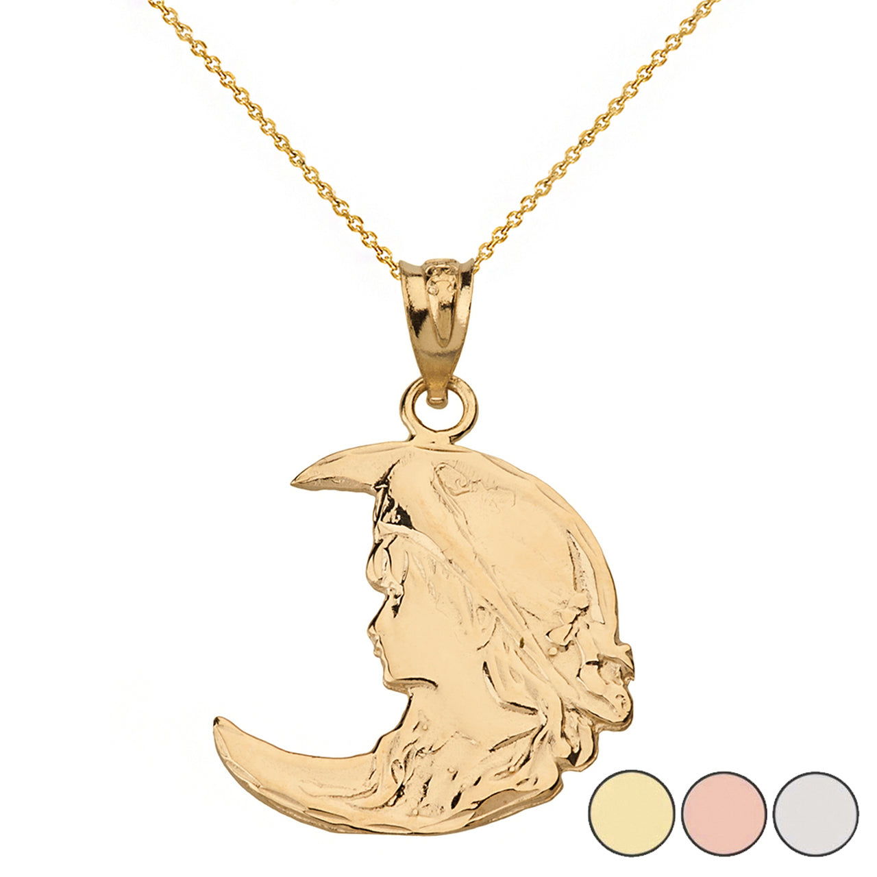 Solid Gold Art Nouveau Lady in Crescent Moon Pendant Necklace Solid Gold