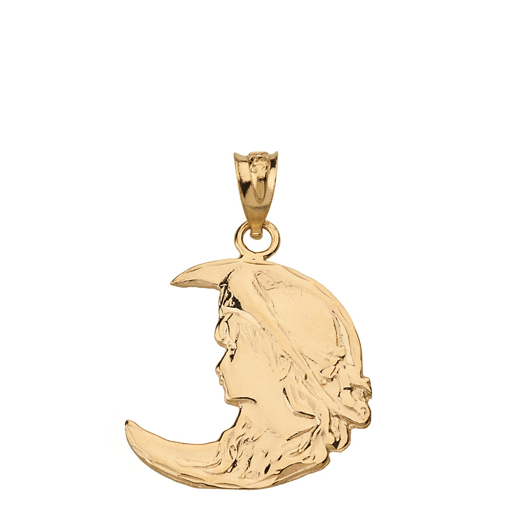 Solid Gold Art Nouveau Lady in Crescent Moon Pendant Necklace Solid Gold, view 2