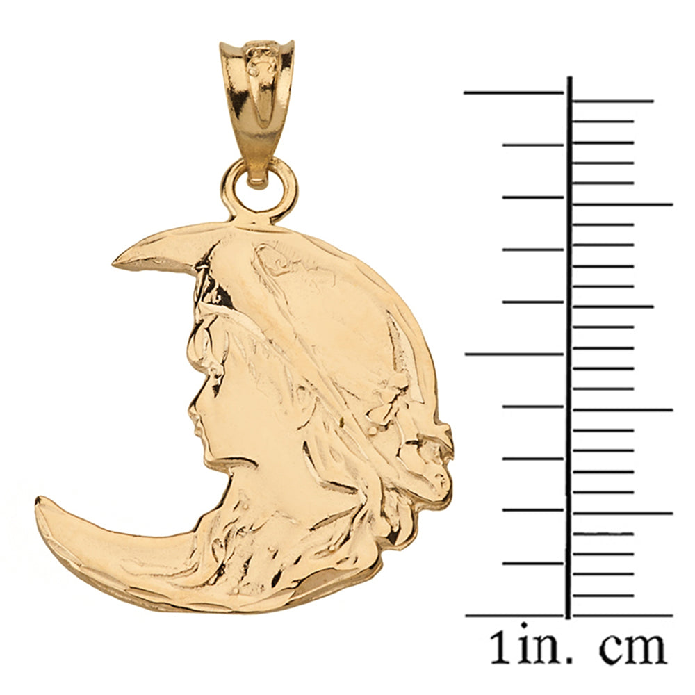 Solid Gold Art Nouveau Lady in Crescent Moon Pendant Necklace Solid Gold, view 3