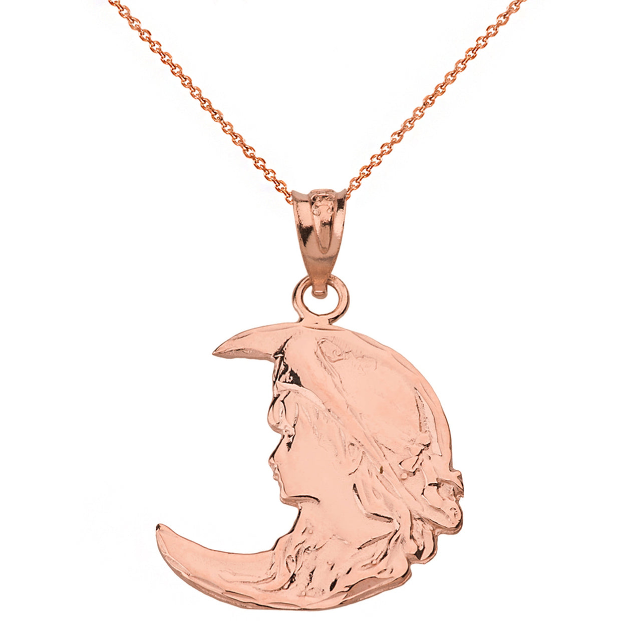 Solid Gold Art Nouveau Lady in Crescent Moon Pendant Necklace Solid Gold, view 4