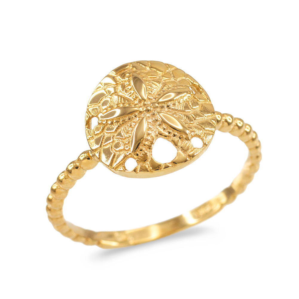 Solid Gold Beaded Band Sand Dollar Ring