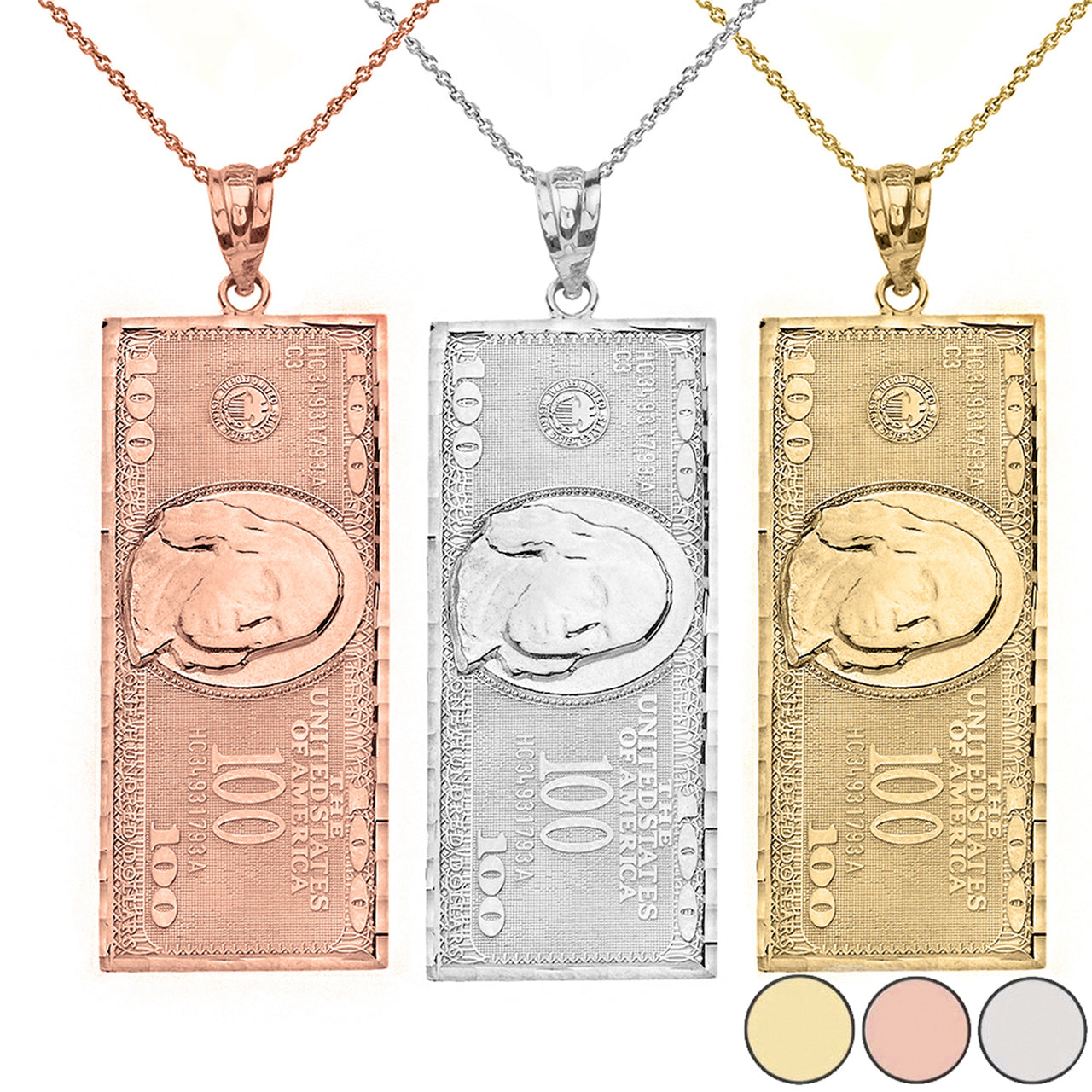 Solid Gold Benjamin Franklin United States American Hundred Dollar Bill Pendant Necklace (Medium)