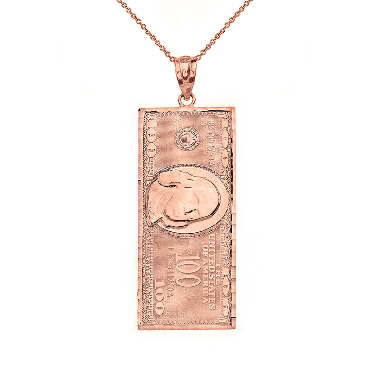 Solid Gold Benjamin Franklin United States American Hundred Dollar Bill Pendant Necklace (Medium), view 3