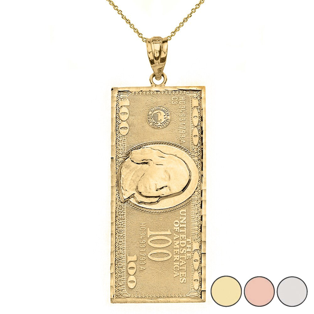 Solid Gold Benjamin Franklin United States American Hundred Dollar Bill Pendant Necklace (Large)