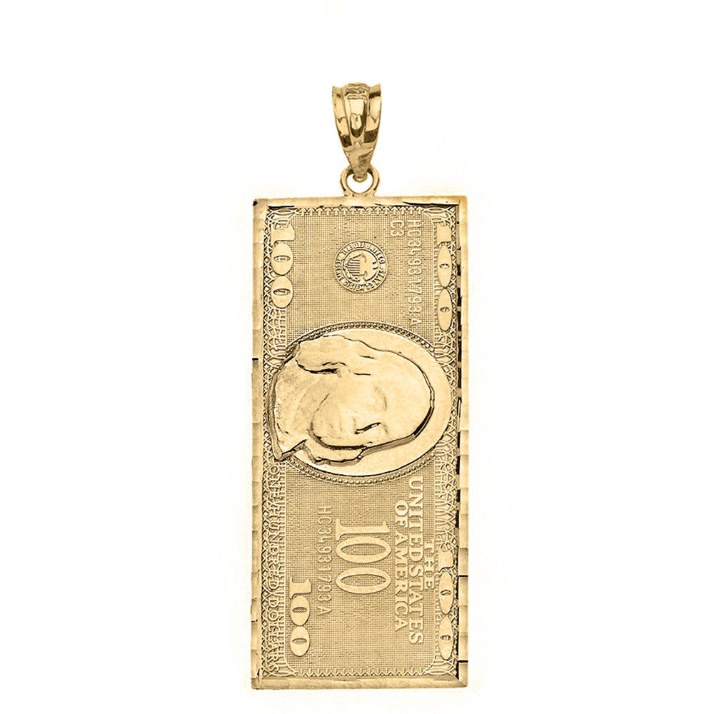 Solid Gold Benjamin Franklin United States American Hundred Dollar Bill Pendant Necklace (Large), view 2