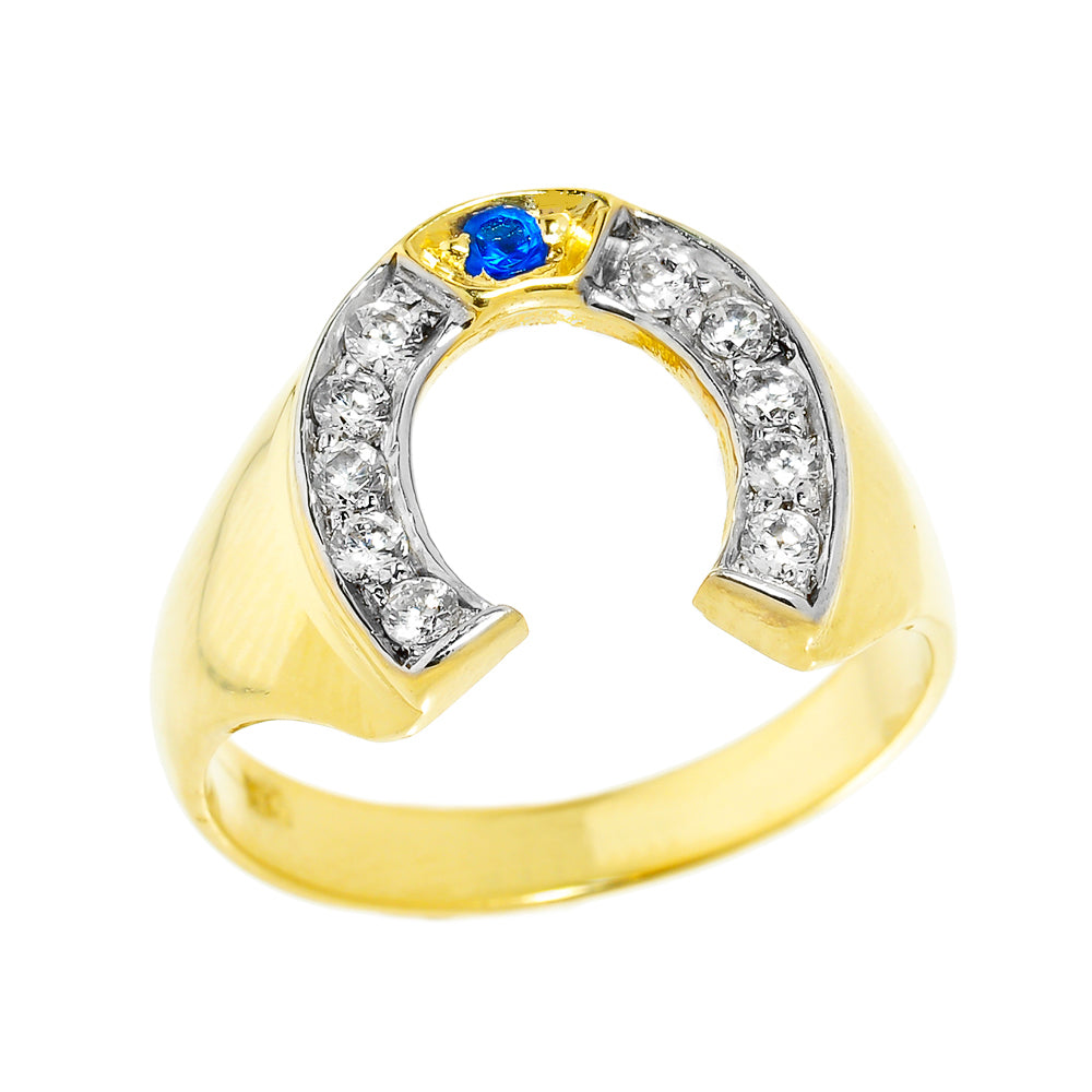 Solid Gold Bold White and Blue CZ Men's Horseshoe Ring