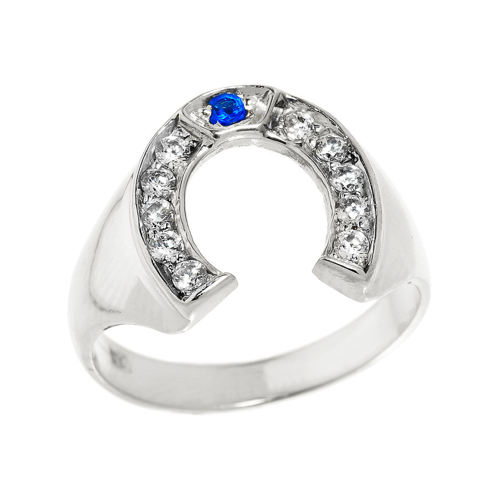 Solid Gold Bold White and Blue CZ Men's Horseshoe Ring, view 2