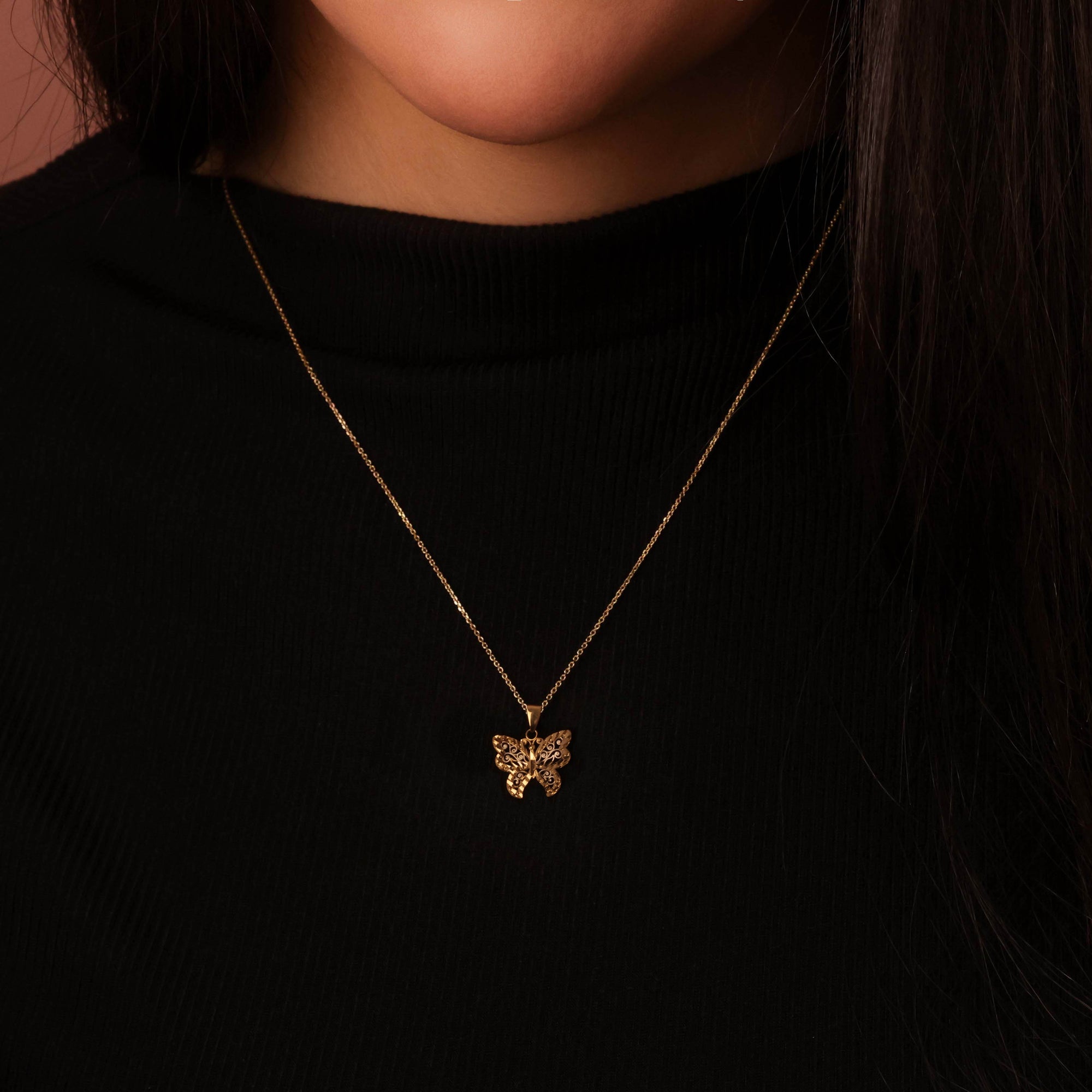 Solid Gold Butterfly Pendant Necklace in Two-Tone, view 2