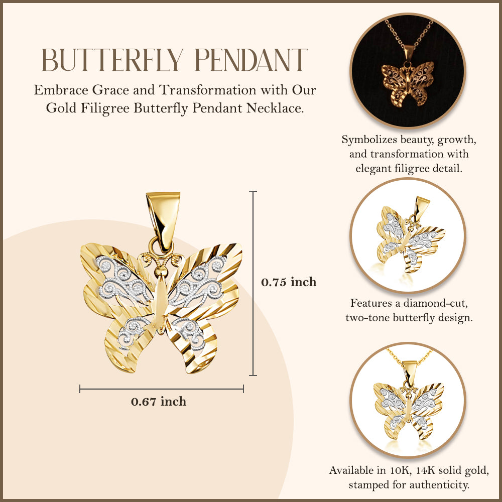 Solid Gold Butterfly Pendant Necklace in Two-Tone, view 3