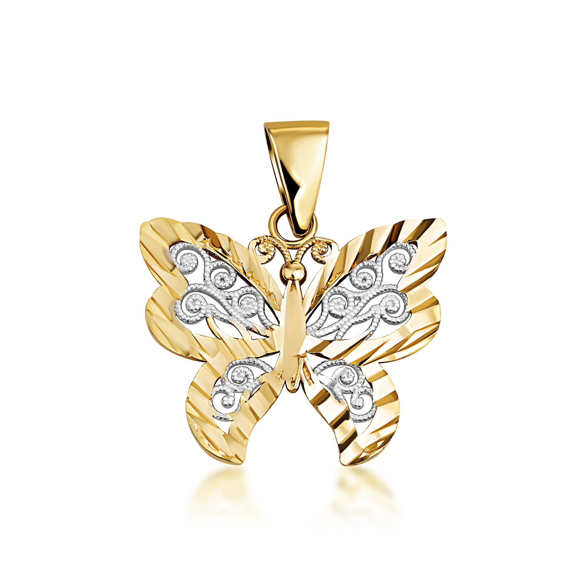 Solid Gold Butterfly Pendant Necklace in Two-Tone, view 4
