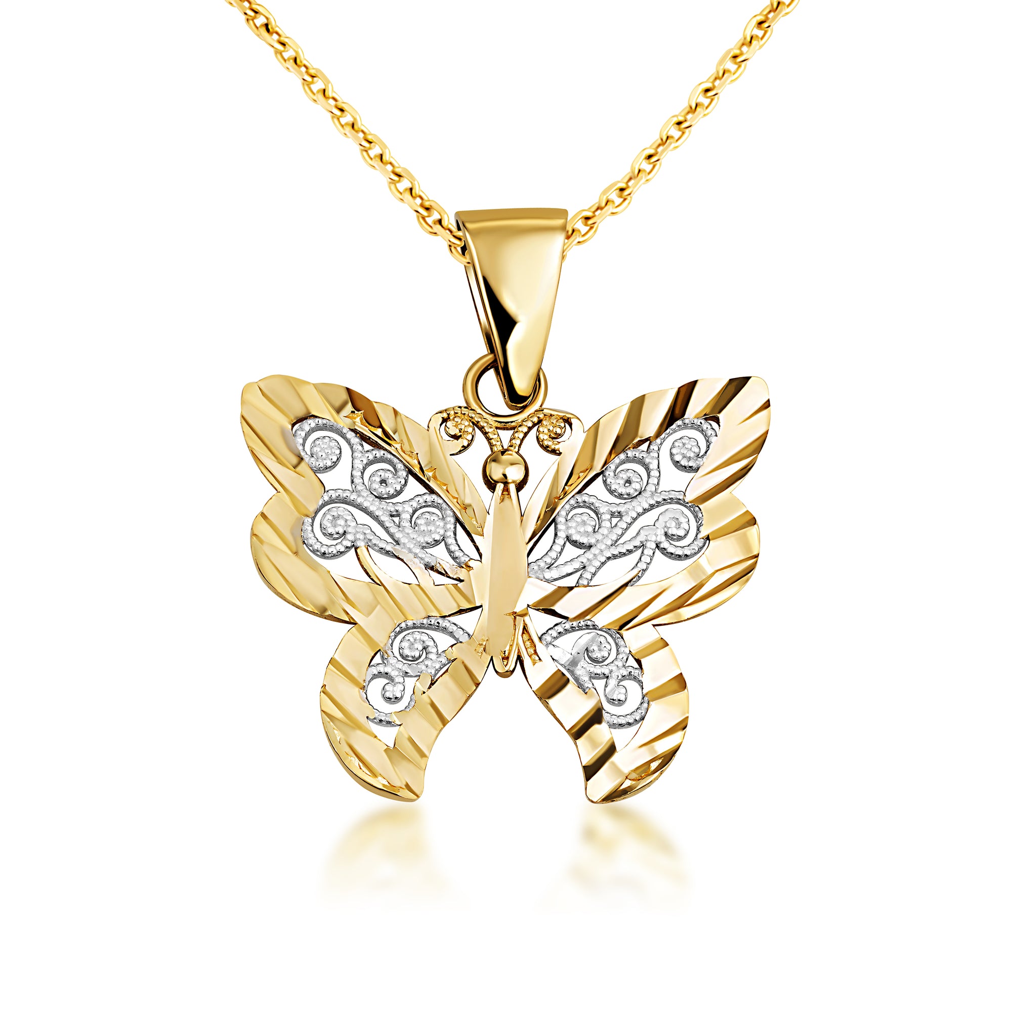 Solid Gold Butterfly Pendant Necklace in Two-Tone, view 5