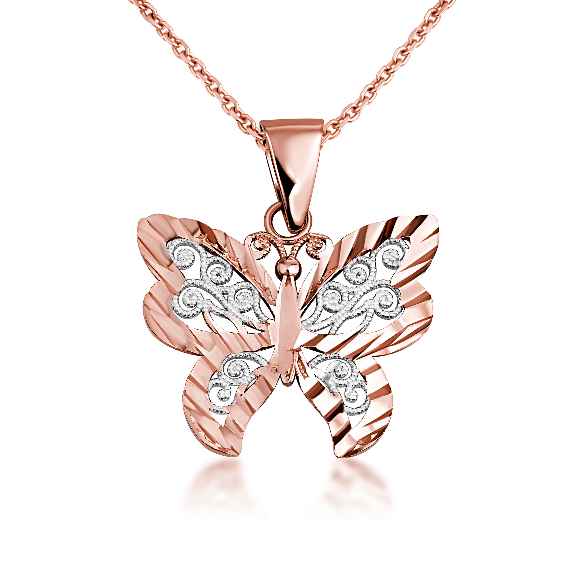 Solid Gold Butterfly Pendant Necklace in Two-Tone, view 7