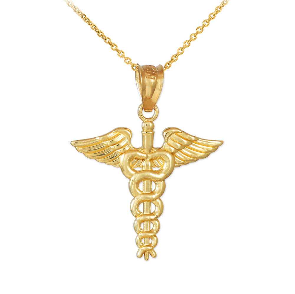 Solid Gold Caduceus Charm Pendant Necklace