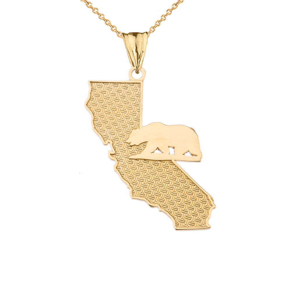 Solid Gold California State Map With Grizzly Bear Silhouette Pendant