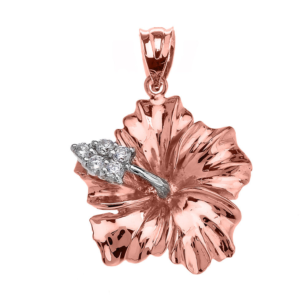 Solid Gold Caribbean Hibiscus (Malvaceae) Diamond Pendant Necklace, view 2