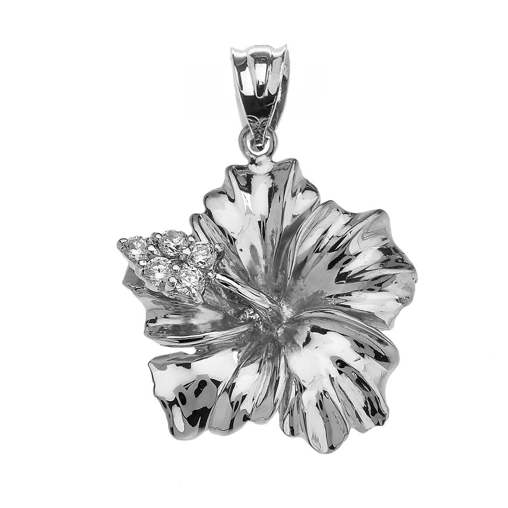Solid Gold Caribbean Hibiscus (Malvaceae) Diamond Pendant Necklace, view 3