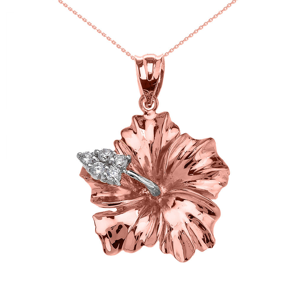 Solid Gold Caribbean Hibiscus (Malvaceae) Diamond Pendant Necklace, view 6