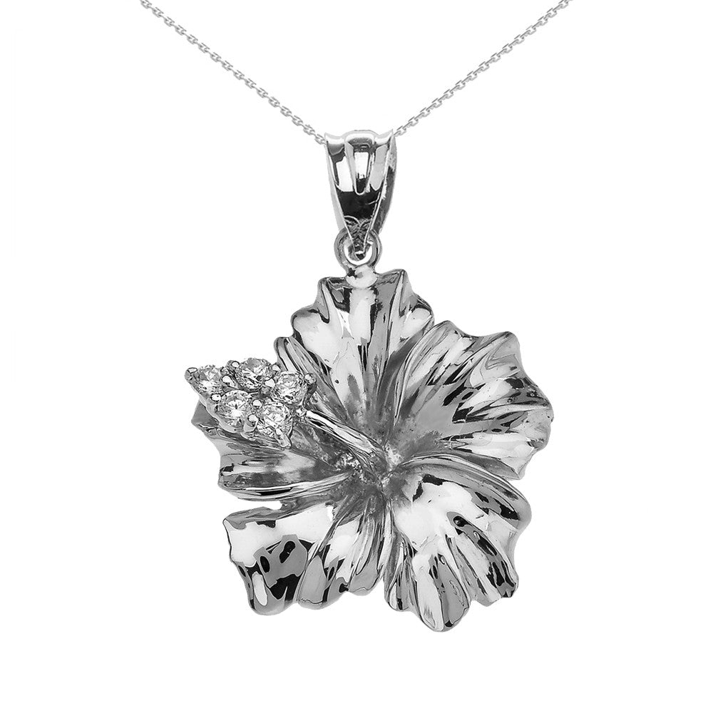 Solid Gold Caribbean Hibiscus (Malvaceae) Diamond Pendant Necklace, view 8