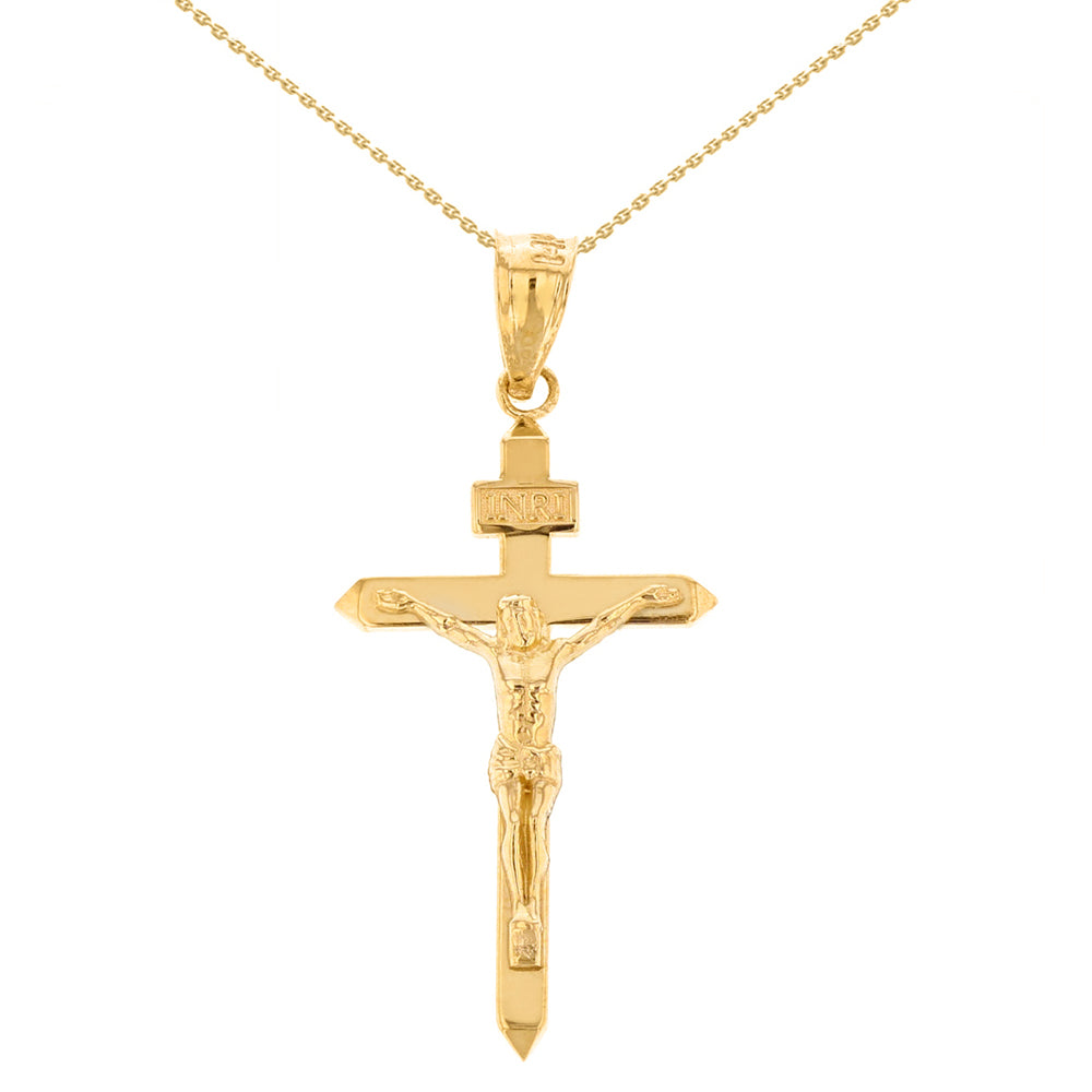 Solid Gold Catholic INRI Jesus of Nazareth Crucifix Pendant Necklace 1.41" (35 mm)