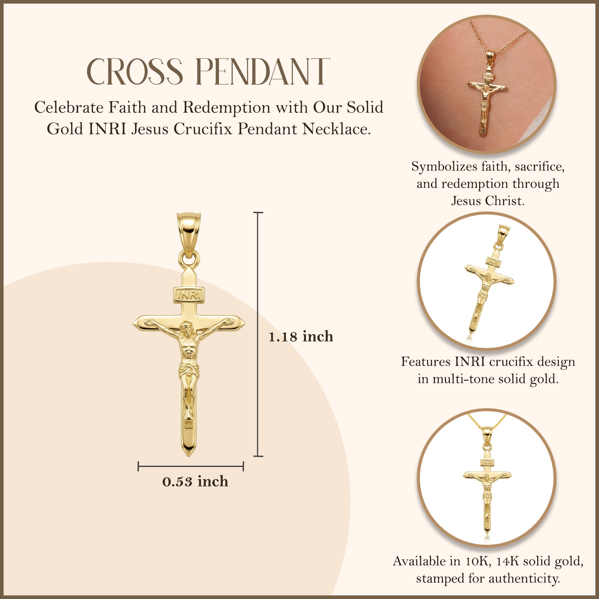 Solid Gold Catholic INRI Jesus Of Nazareth Crucifix Pendant Necklace 1.18", view 4