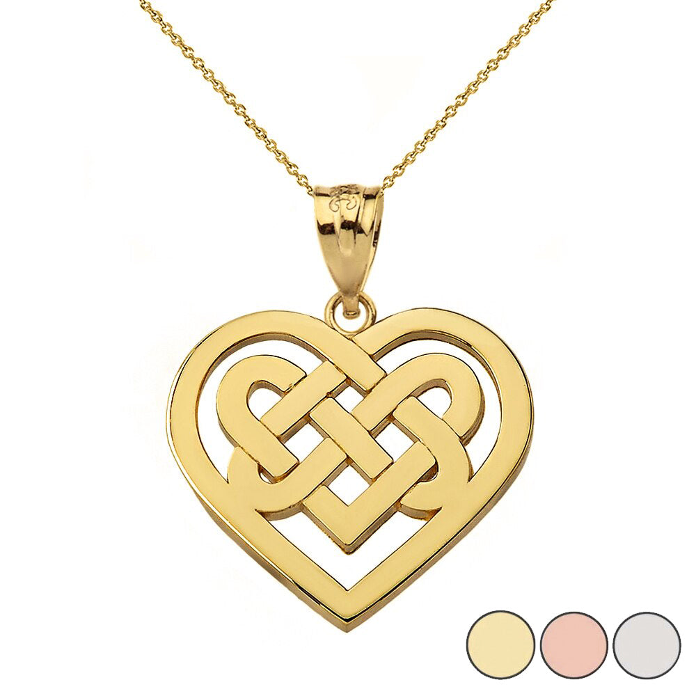 Solid Gold Celtic Knot Woven Heart Pendant Necklace