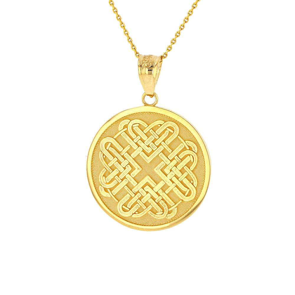Solid Gold Celtic Quaternary Heart Knot Medallion Pendant Necklace