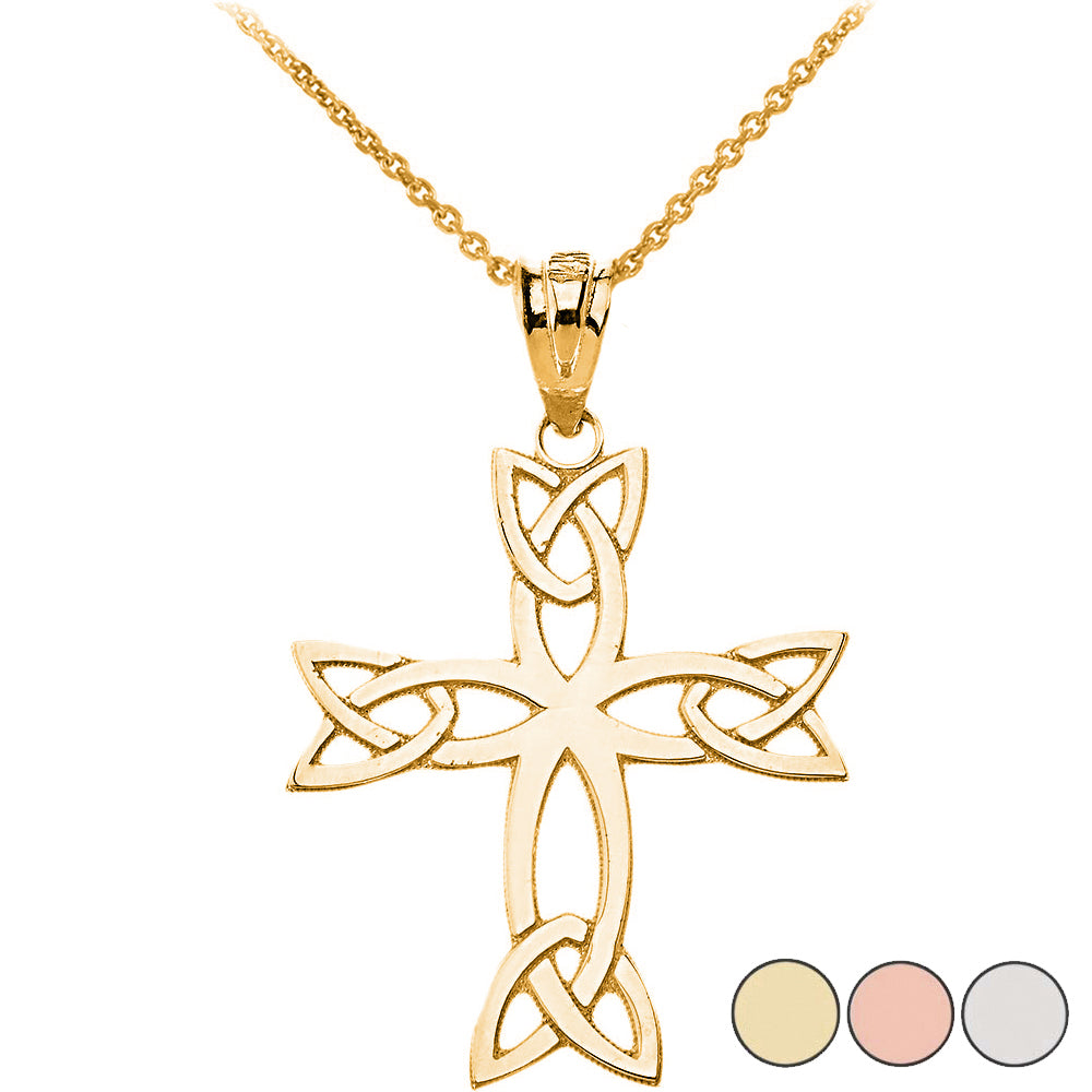Solid Gold Celtic Trinity Cross Pendant Necklace