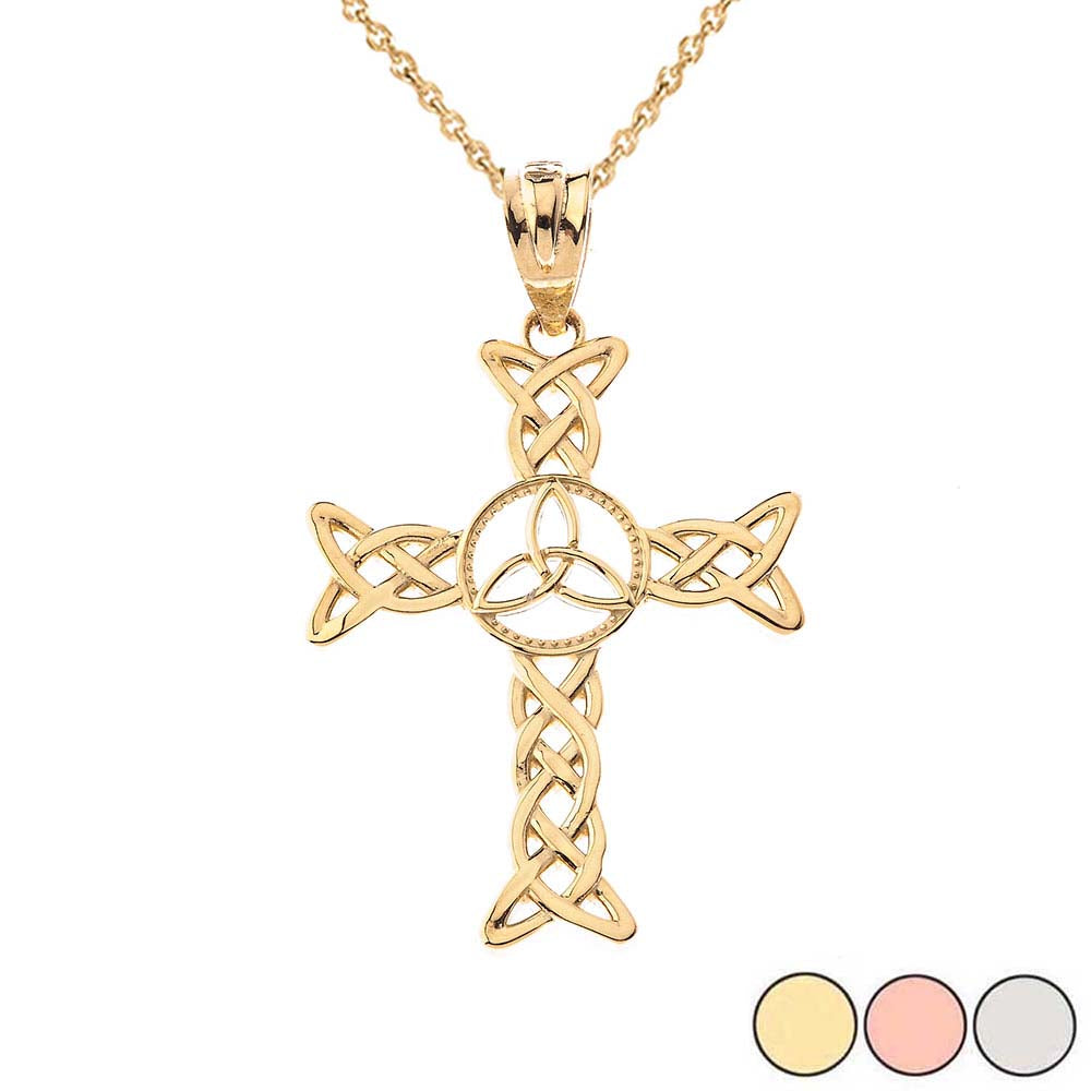 Solid Gold Celtic Trinity Knot-Style Cross Pendant Necklace