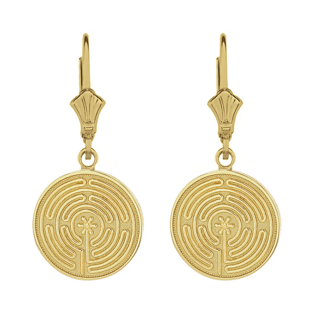 Solid Gold Chartres Labyrinth Dainty Disc Earring Set