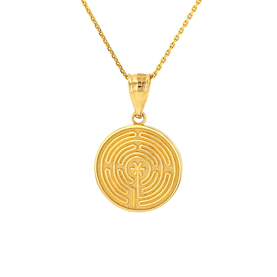 Solid Gold Chartres Labyrinth Dainty Disc Medallion Pendant Necklace
