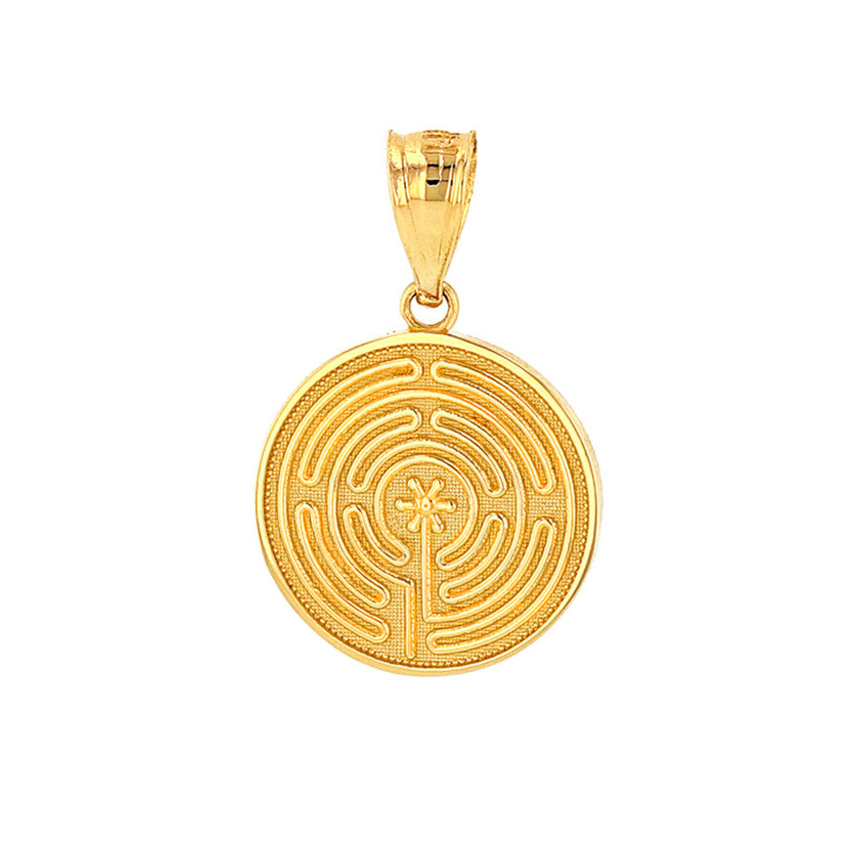 Solid Gold Chartres Labyrinth Dainty Disc Medallion Pendant Necklace, view 2