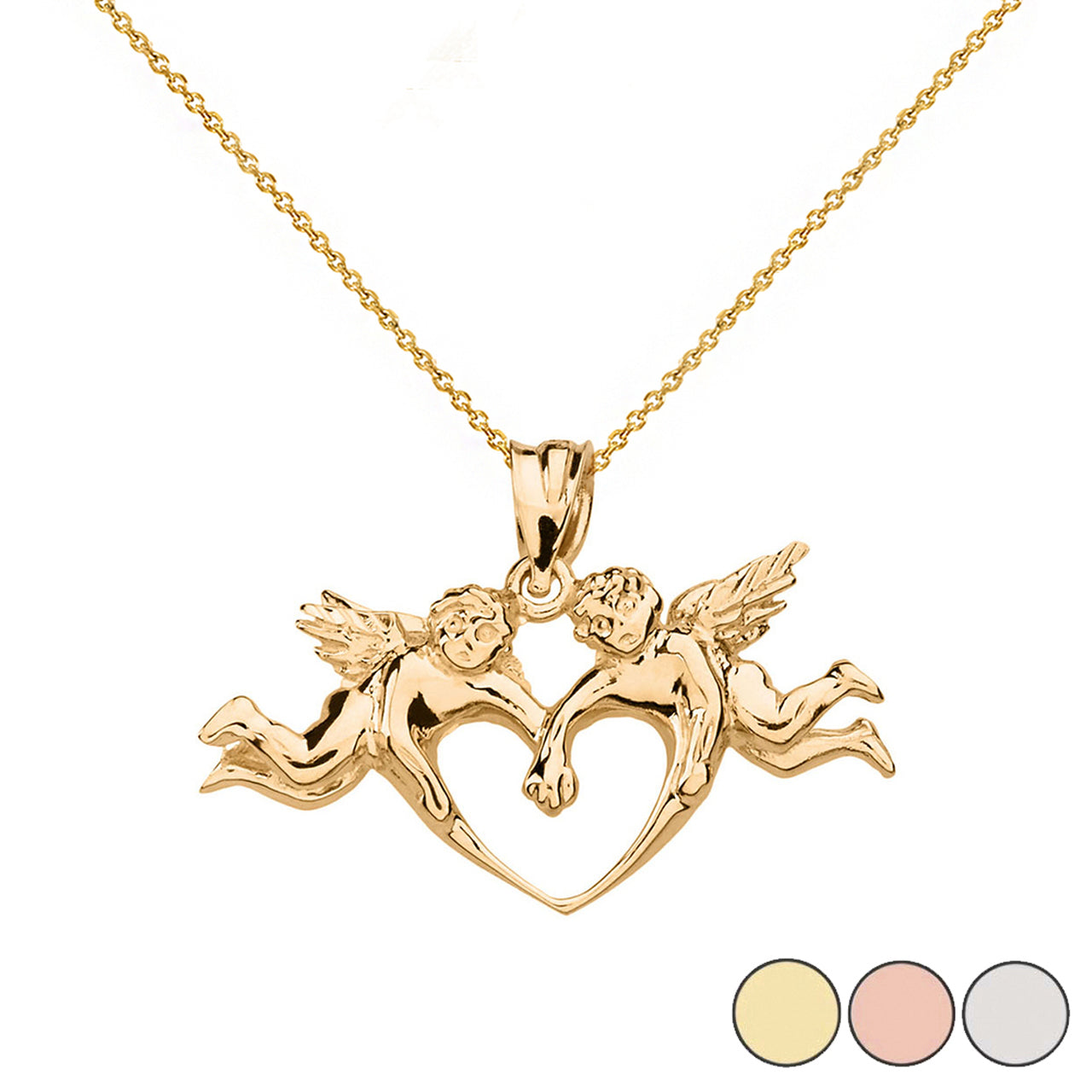 Solid Gold Cherub Angels Love Heart Pendant Necklace