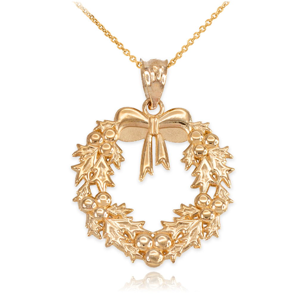Solid Gold Christmas Wreath Pendant Necklace