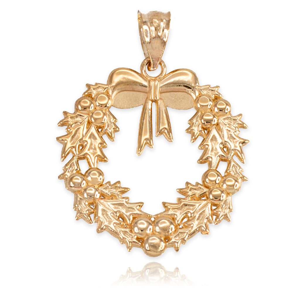 Solid Gold Christmas Wreath Pendant Necklace, view 2
