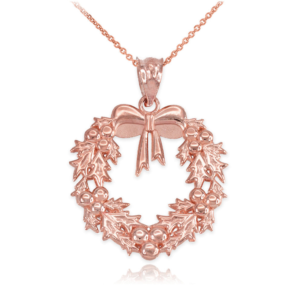 Solid Gold Christmas Wreath Pendant Necklace, view 5