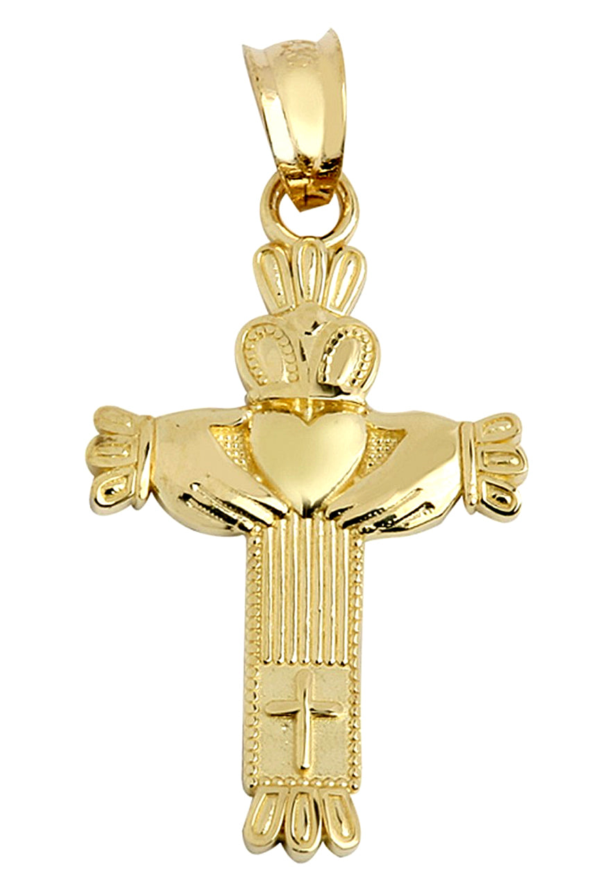 Solid Gold Claddagh Cross Pendant Necklace