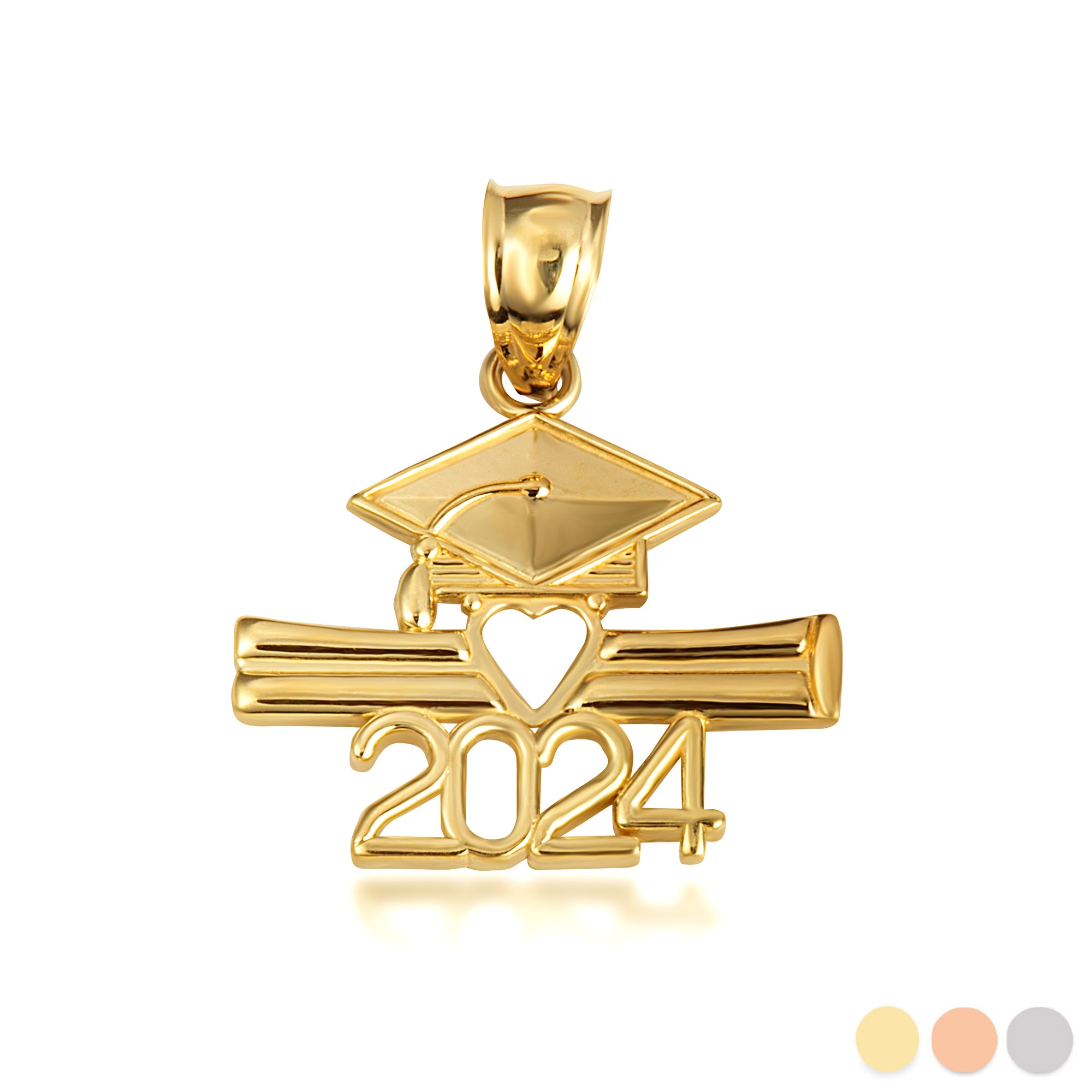 Solid Gold Class Of 2024 Graduation Cap & Diploma Heart Pendant Necklace